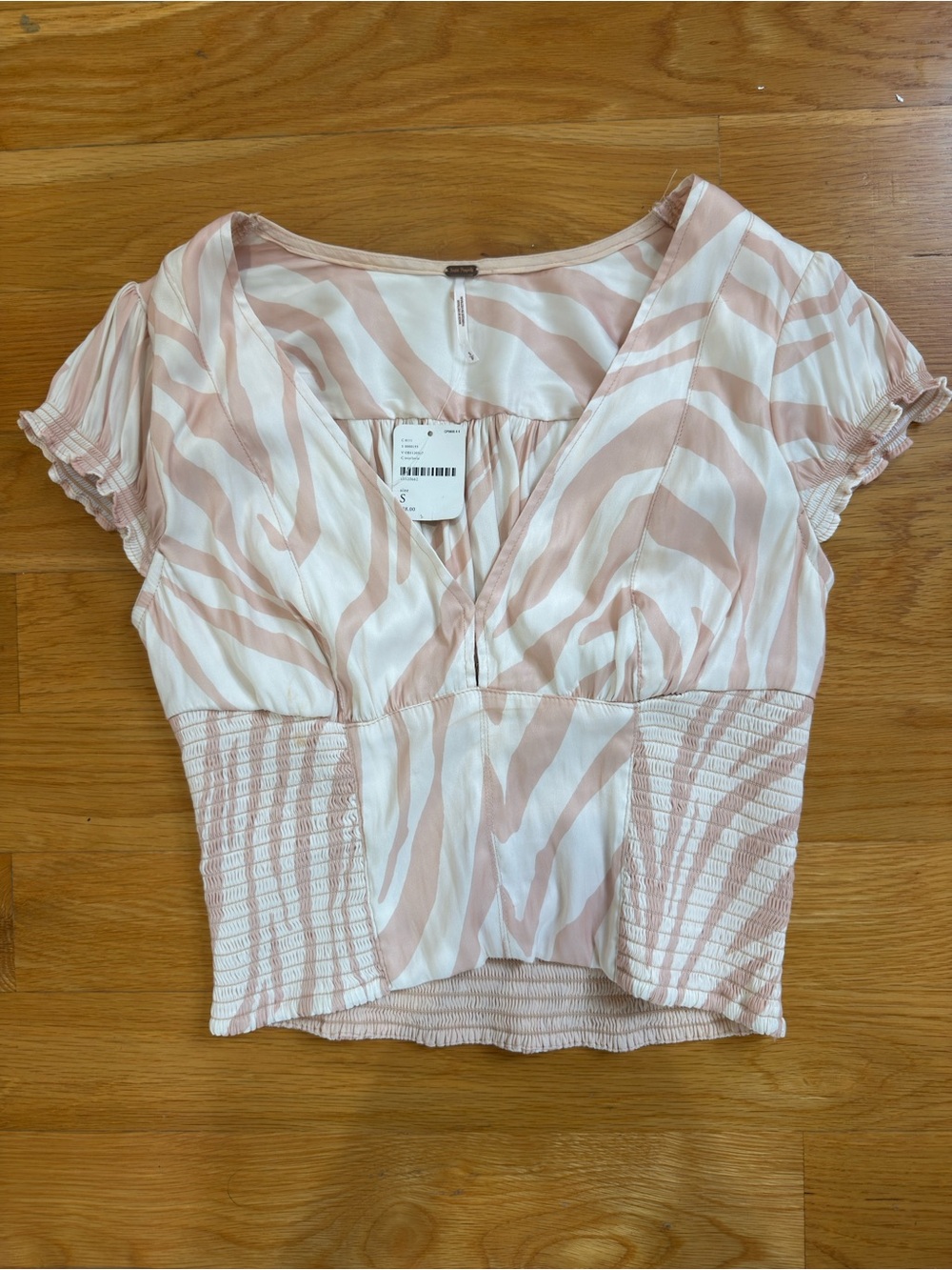 Free People Pink and Cream Zebra-Print V-Neck Puff Sleeve Top